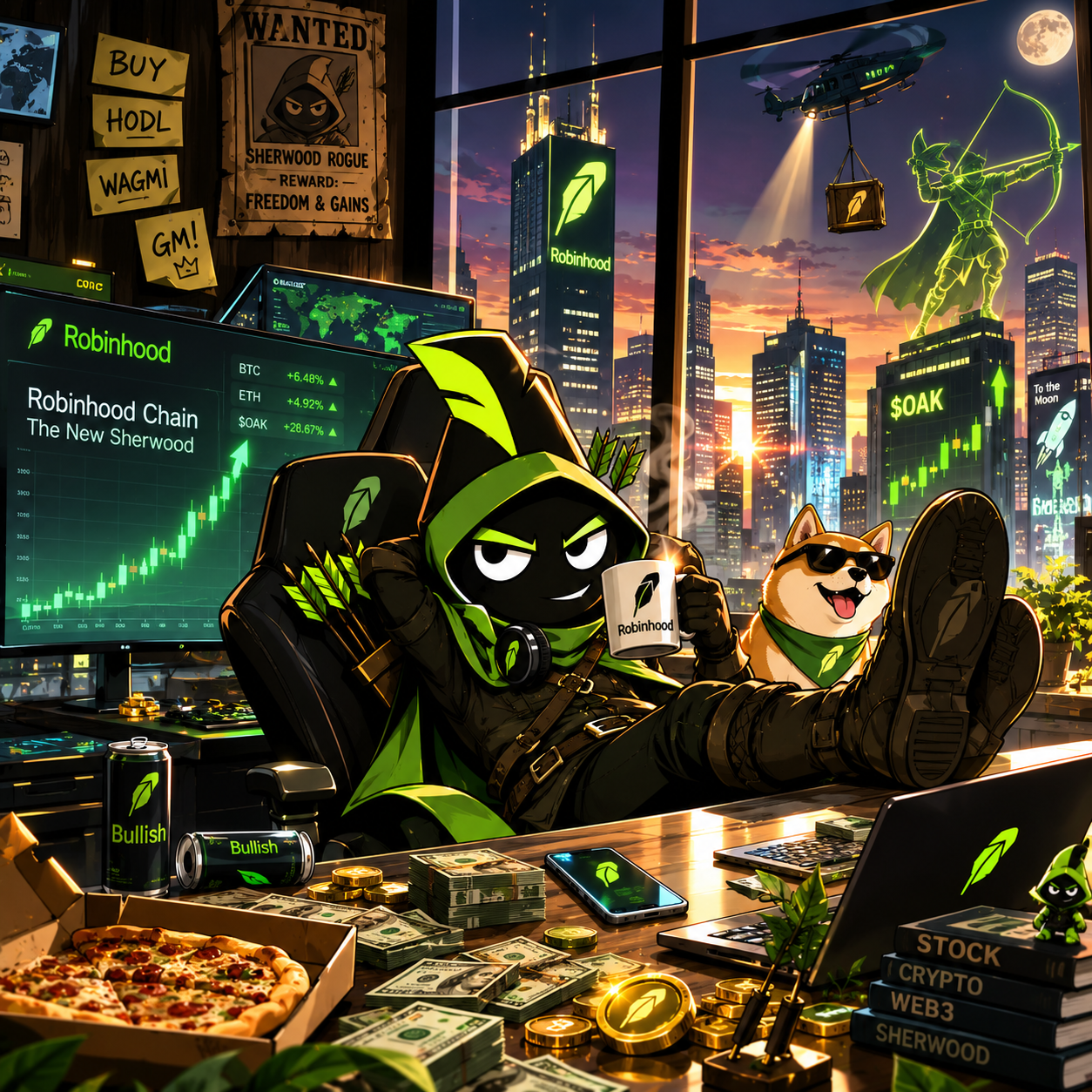 SHERLING at a trading desk overlooking the new Sherwood city